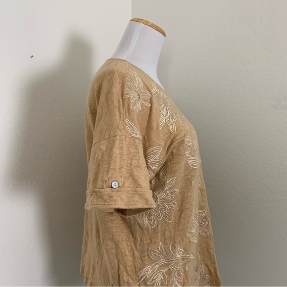 Chicos Womens 100% Linen Embroidered Short Sleeve Top Tan Neutral Lagenlook - Picture 9 of 16